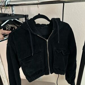 Cropped black corduroy zip-up jacket